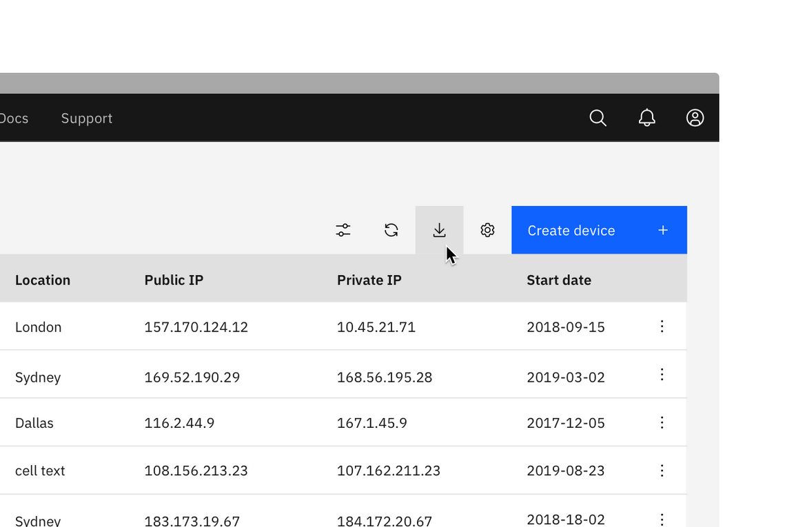 Example of an icon only ghost button in a data table